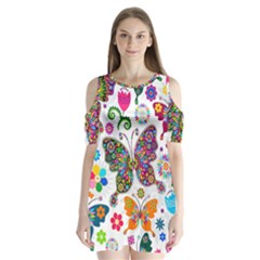 Butterflies, Abstract, Colorful, Floral, Flowers Shoulder Cutout Velvet One Piece