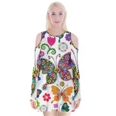 Butterflies, Abstract, Colorful, Floral, Flowers Velvet Long Sleeve Shoulder Cutout Dress by kyorashop23