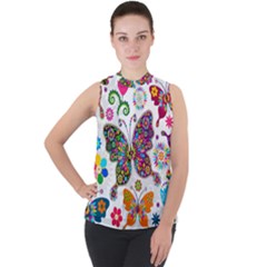 Butterflies, Abstract, Colorful, Floral, Flowers Mock Neck Chiffon Sleeveless Top by kyorashop23