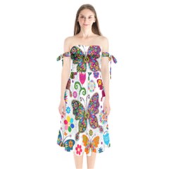 Butterflies, Abstract, Colorful, Floral, Flowers Shoulder Tie Bardot Midi Dress by kyorashop23