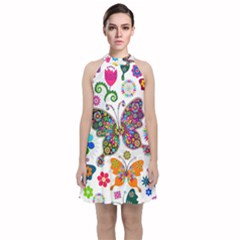 Butterflies, Abstract, Colorful, Floral, Flowers Velvet Halter Neckline Dress 