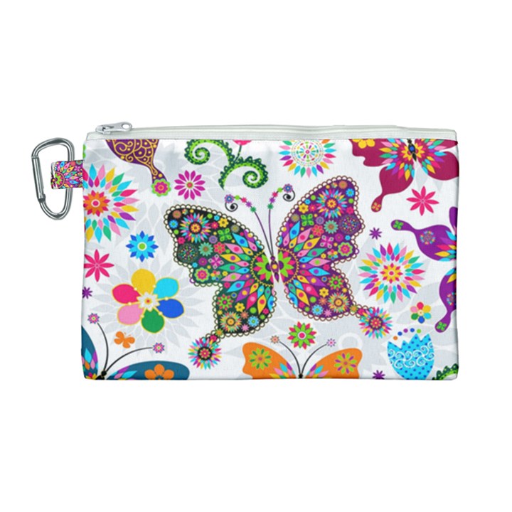 Butterflies, Abstract, Colorful, Floral, Flowers Canvas Cosmetic Bag (Large)