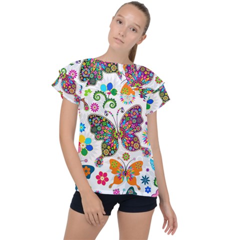 Butterflies, Abstract, Colorful, Floral, Flowers Ruffle Collar Chiffon Blouse by kyorashop23