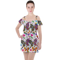 Butterflies, Abstract, Colorful, Floral, Flowers Ruffle Cut Out Chiffon Playsuit by kyorashop23