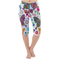 Butterflies, Abstract, Colorful, Floral, Flowers Lightweight Velour Cropped Yoga Leggings by kyorashop23