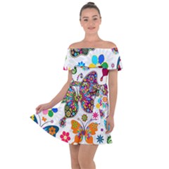 Butterflies, Abstract, Colorful, Floral, Flowers Off Shoulder Velour Dress