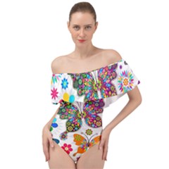 Butterflies, Abstract, Colorful, Floral, Flowers Off Shoulder Velour Bodysuit  by kyorashop23