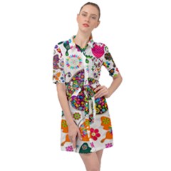 Butterflies, Abstract, Colorful, Floral, Flowers Belted Shirt Dress by kyorashop23