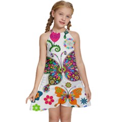 Butterflies, Abstract, Colorful, Floral, Flowers Kids  Halter Collar Waist Tie Chiffon Dress by kyorashop23