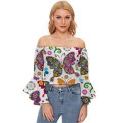 Butterflies, Abstract, Colorful, Floral, Flowers Off Shoulder Flutter Bell Sleeve Top