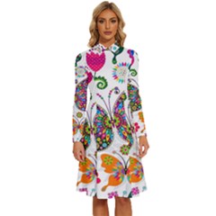 Butterflies, Abstract, Colorful, Floral, Flowers Long Sleeve Shirt Collar A-line Dress by kyorashop23