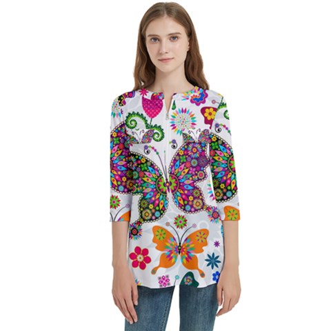 Butterflies, Abstract, Colorful, Floral, Flowers Women s Zip Front V-neck 3/4 Sleeve Casual Top Pocket Shirt by kyorashop23