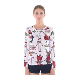 Christmas Characters Pattern, Xmas Backgrounds Women s Long Sleeve T-shirt