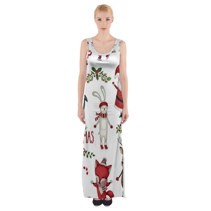 Christmas Characters Pattern, Xmas Backgrounds Thigh Split Maxi Dress