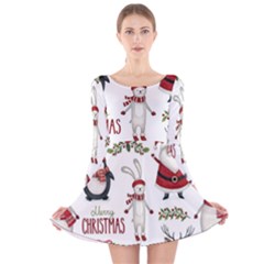 Christmas Characters Pattern, Xmas Backgrounds Long Sleeve Velvet Skater Dress