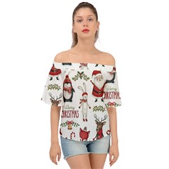 Christmas Characters Pattern, Xmas Backgrounds Off Shoulder Short Sleeve Top by kyorashop23