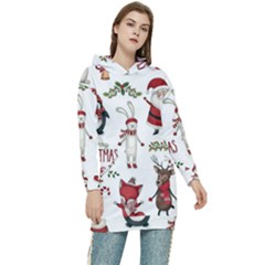 Christmas Characters Pattern, Xmas Backgrounds Women s Long Oversized Pullover Hoodie