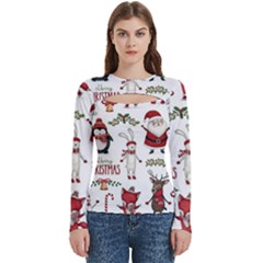 Christmas Characters Pattern, Xmas Backgrounds Women s Cut Out Long Sleeve T-shirt