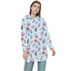 Christmas Decorations Pattern, Xmas Backgrounds Women s Long Oversized Pullover Hoodie