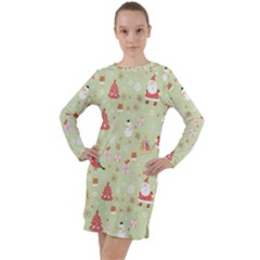 Christmas Pattern, Christmas Tree, Santa Long Sleeve Hoodie Dress