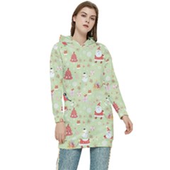 Christmas Pattern, Christmas Tree, Santa Women s Long Oversized Pullover Hoodie