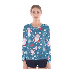 Christmas Pattern, Pattern, Christmas, Santa, Blue Women s Long Sleeve T-shirt