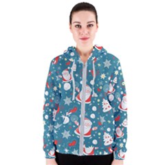 Christmas Pattern, Pattern, Christmas, Santa, Blue Women s Zipper Hoodie