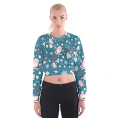 Christmas Pattern, Pattern, Christmas, Santa, Blue Cropped Sweatshirt