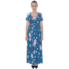 Christmas Pattern, Pattern, Christmas, Santa, Blue High Waist Short Sleeve Maxi Dress