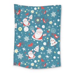 Christmas Pattern, Pattern, Christmas, Santa, Blue Medium Tapestry