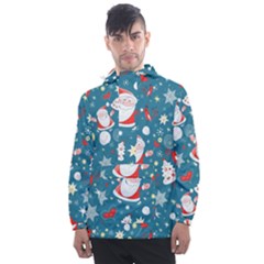 Christmas Pattern, Pattern, Christmas, Santa, Blue Men s Front Pocket Pullover Windbreaker