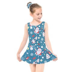 Christmas Pattern, Pattern, Christmas, Santa, Blue Kids  Skater Dress Swimsuit by kyorashop23