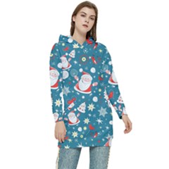 Christmas Pattern, Pattern, Christmas, Santa, Blue Women s Long Oversized Pullover Hoodie