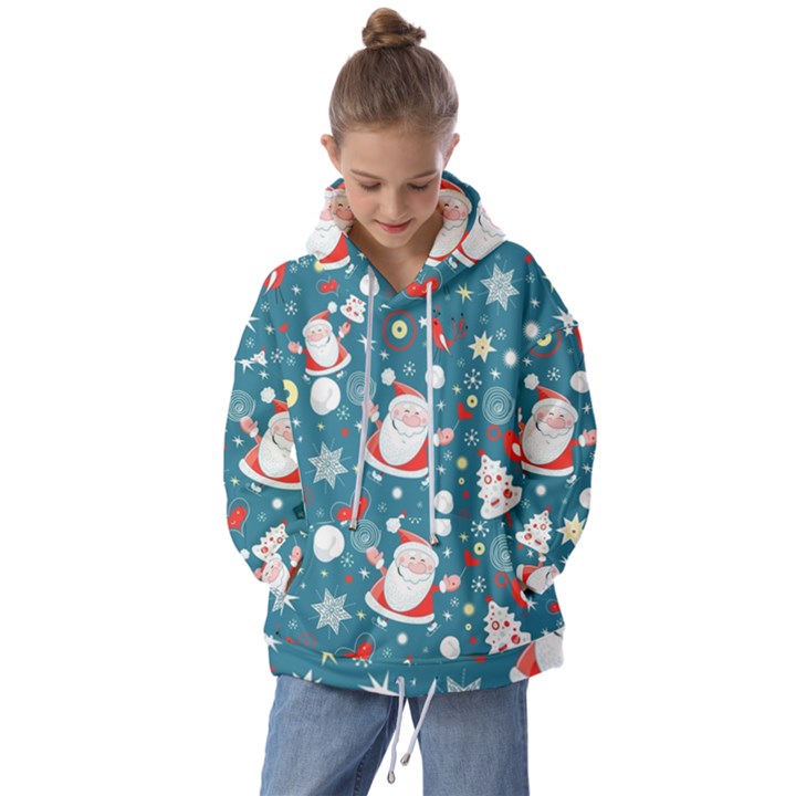 Christmas Pattern, Pattern, Christmas, Santa, Blue Kids  Oversized Hoodie