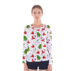 Christmas Pattern, Pattern, Christmas, Trees, Santa Women s Long Sleeve T-shirt