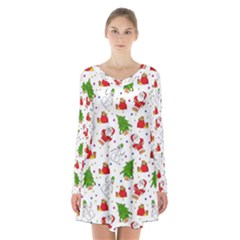 Christmas Pattern, Pattern, Christmas, Trees, Santa Long Sleeve Velvet V-neck Dress