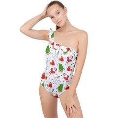 Christmas Pattern, Pattern, Christmas, Trees, Santa Frilly One Shoulder Swimsuit