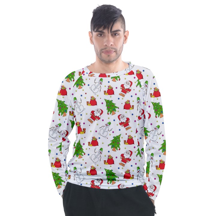 Christmas Pattern, Pattern, Christmas, Trees, Santa Men s Long Sleeve Raglan T-Shirt