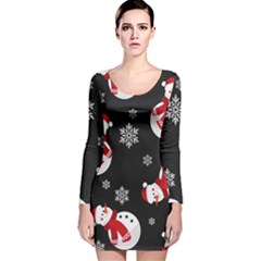 Christmas Texture, Retro Background With Snowmen Long Sleeve Velvet Bodycon Dress