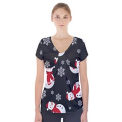 Christmas Texture, Retro Background With Snowmen Short Sleeve Front Detail Top by kyorashop23