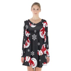 Christmas Texture, Retro Background With Snowmen Long Sleeve Velvet V-neck Dress