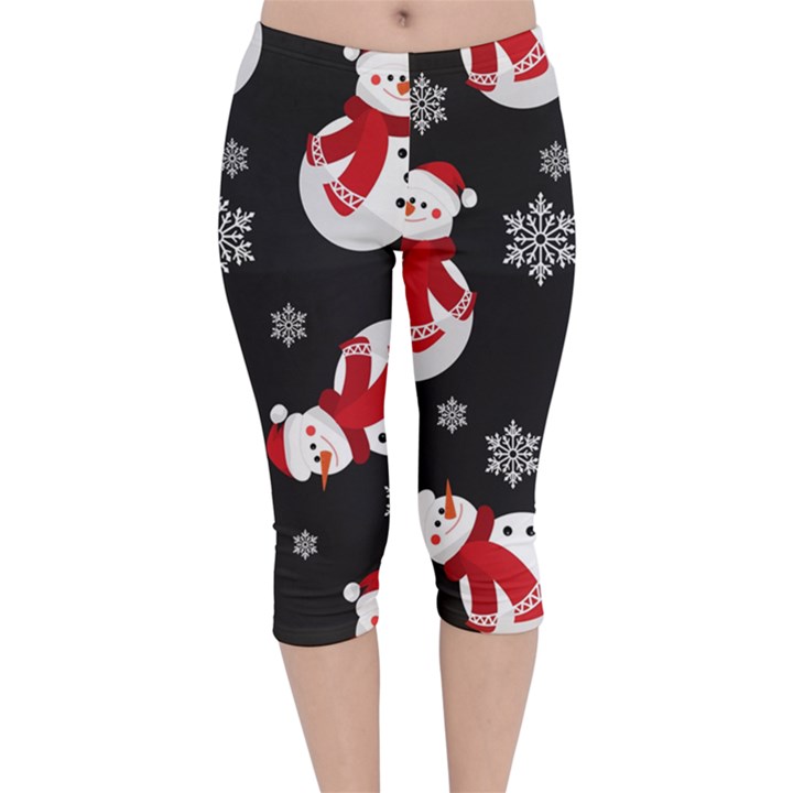 Christmas Texture, Retro Background With Snowmen Velvet Capri Leggings 