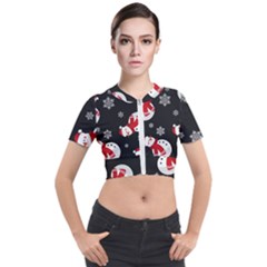 Christmas Texture, Retro Background With Snowmen Short Sleeve Cropped Jacket