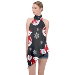 Christmas Texture, Retro Background With Snowmen Halter Asymmetric Satin Top by kyorashop23