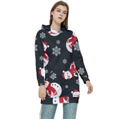 Christmas Texture, Retro Background With Snowmen Women s Long Oversized Pullover Hoodie