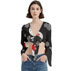 Christmas Texture, Retro Background With Snowmen Trumpet Sleeve Cropped Top