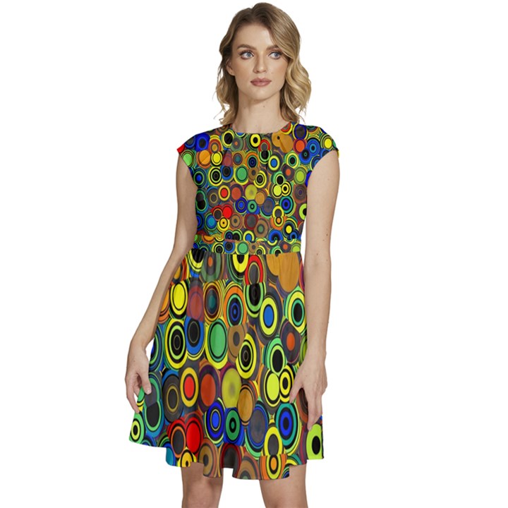 Circles, Colorful Cap Sleeve High Waist Dress