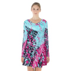 Colorful Splashes Grunge, Abstract Art Long Sleeve Velvet V-neck Dress