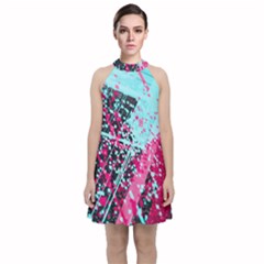 Colorful Splashes Grunge, Abstract Art Velvet Halter Neckline Dress 