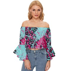 Colorful Splashes Grunge, Abstract Art Off Shoulder Flutter Bell Sleeve Top